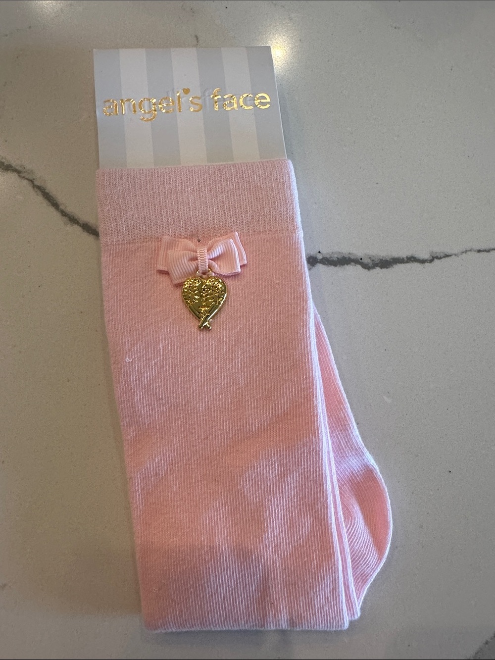 Angel's Face Pink Girls' Bow Socks with Gold Heart Charm